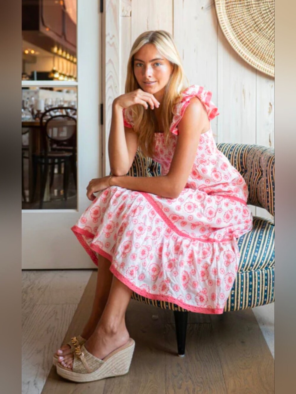 Sail To Sable - Blush & Coral Eyelet Flutter Sleeve Smocked Midi Dress - L, EUC - Picture 2 of 7
